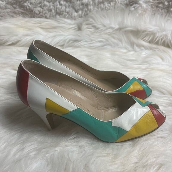 Bruno Magli leather multi color patchwork slip on heels peep toe size 7.5 - Picture 1 of 9